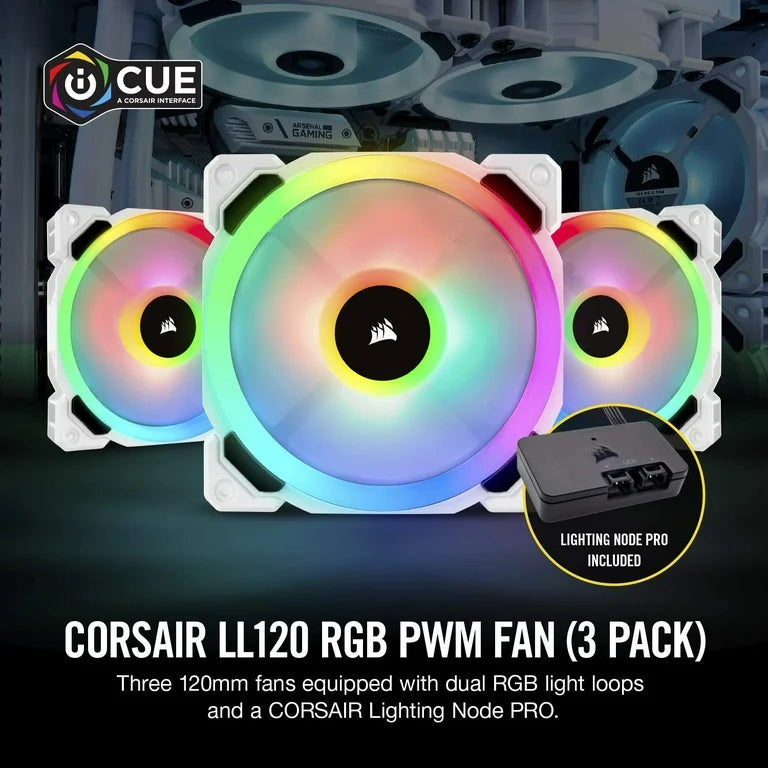 CORSAIR LL120 120MM RGB LED PWM FAN - 3 FAN PACK - WHITE