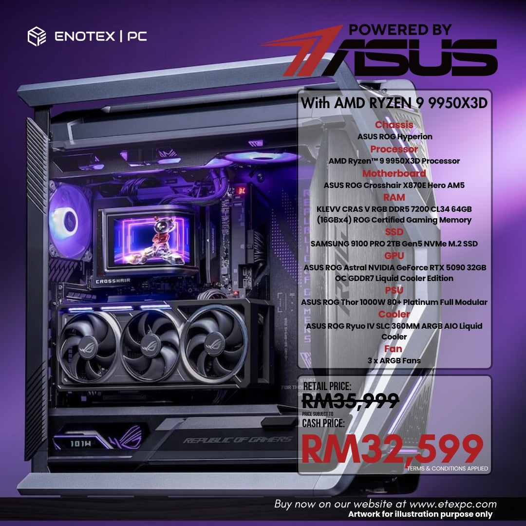 Hyperion Powered By ASUS ROG - AMD Ryzen™ 9 9950X3D | NVIDIA GeForce RTX 5090 32GB GDDR7